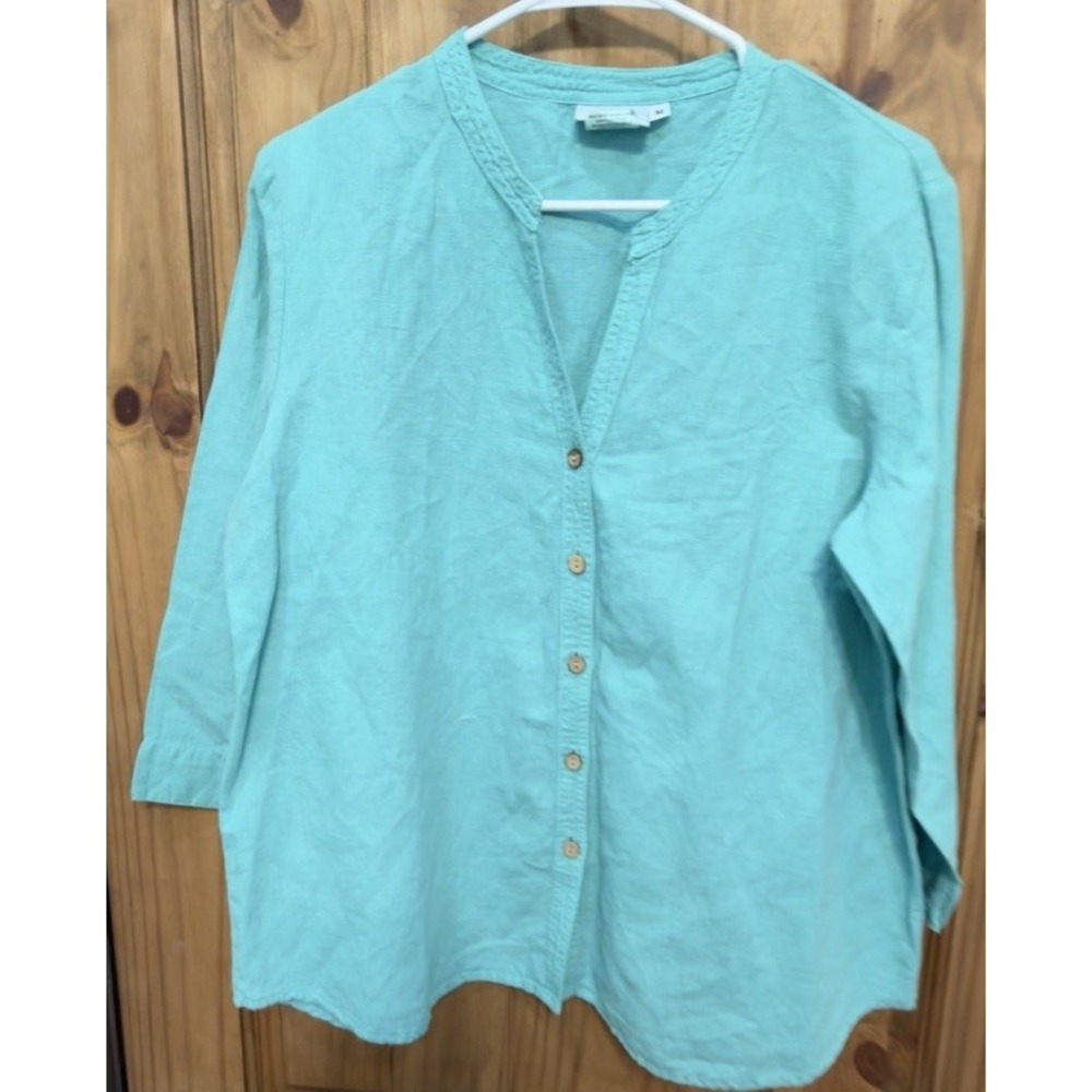 Hot Cotton Petite M Linen Cotton Blouse Turquoise 3/4 Sleeve Made in USA